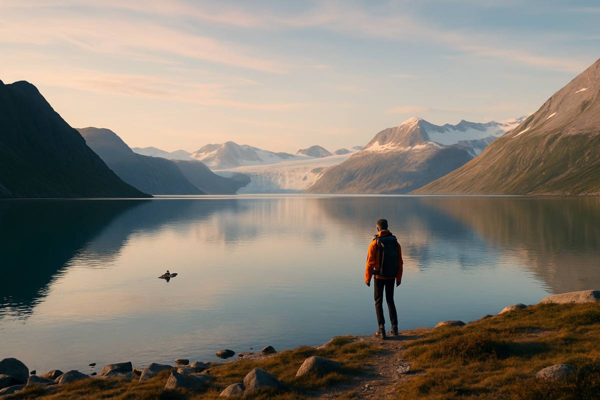 Uomo che osserva un lago e delle montagne innevate durante un tramonto estivo: Groenlandia